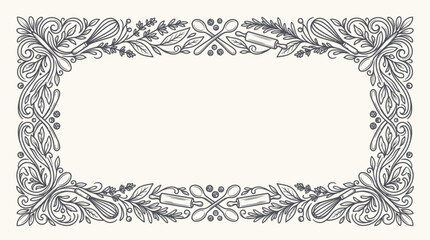 Obraz premium Elegant Hand Drawn Decorative Culinary Border Frame Featuring Ornate Floral Flourishes and Kitchen Utensils for Elegant Menu Design