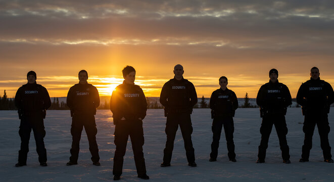 A diverse team of professional security guards standing in a line against a beautiful sunset sky on a frozen snowy landscape
