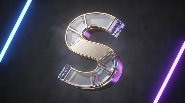 Futuristic Metallic Letter S Logo with Neon Lights.