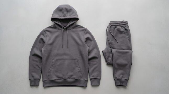 Gray sweat suit laid out, hoodie and sweatpants