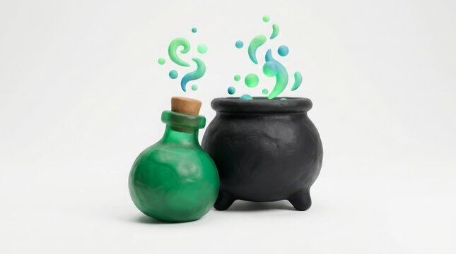 Fantasy - Green potion bottle and black cauldron with magic smoke