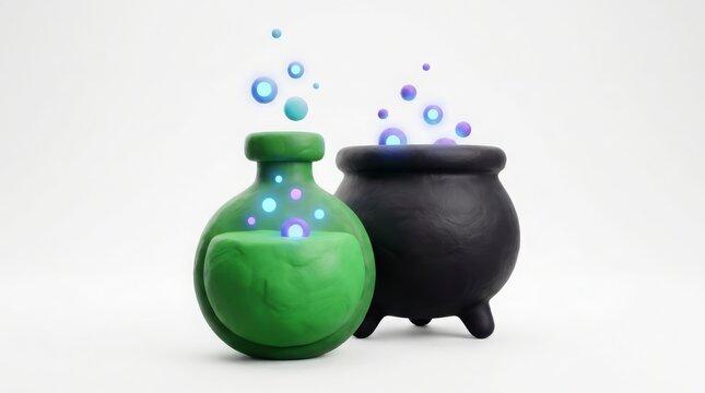 Halloween - 3D render of magic potion bottle and cauldron with glowing bubbles