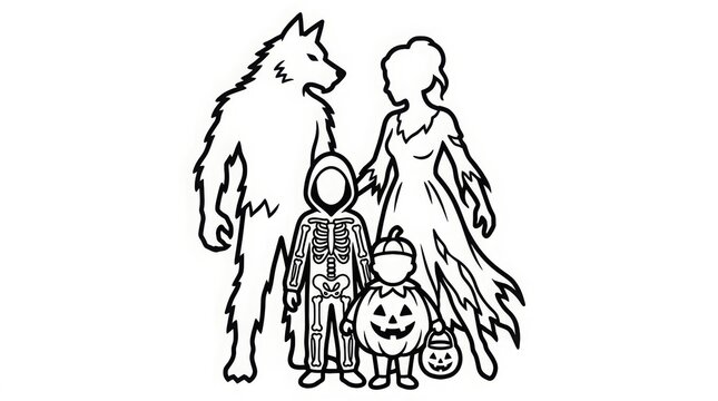 Halloween - Outline vector illustration of a family dressed in monster costumes