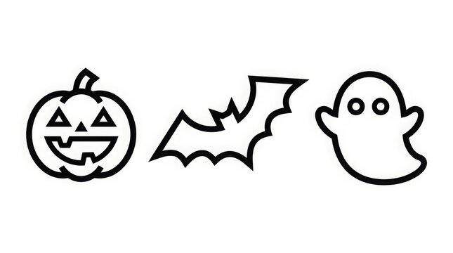 Halloween - outline icons of pumpkin bat and ghost on white background