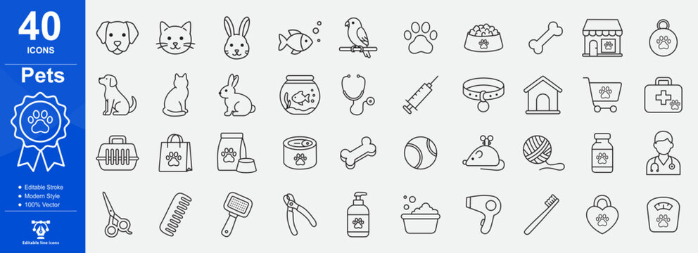 Set of forty  line icons related to pet, care, veterinary, vet, healthcare. Outline icon collection. Vector illustration