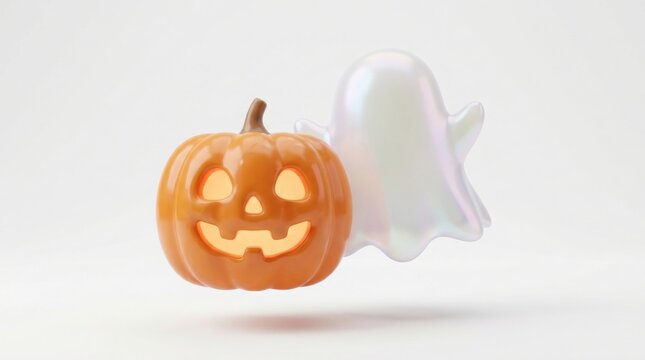 Holiday - 3D Halloween Jack o lantern pumpkin and cute ghost floating