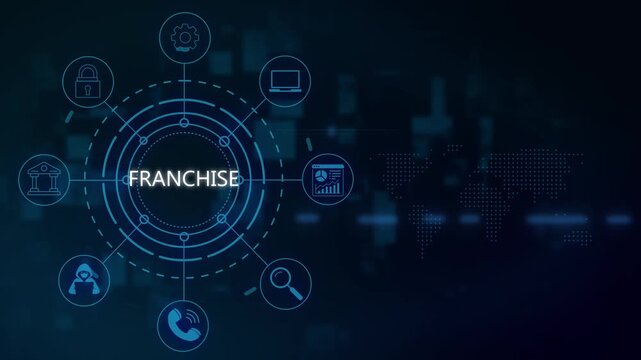 Franchise business concept animation with digital network and global data connectivity hud technology