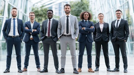 Fototapeta premium A multicultural corporate group presents a professional portrait in a contemporary office environment emphasizing teamwork, strategy, and modern business achievement.