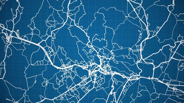 Ink reveal animation of Perugia, Umbria, Italy, grid map. Aerial top view. Blueprint style. White lines with blue background. 4K Seamless loop.