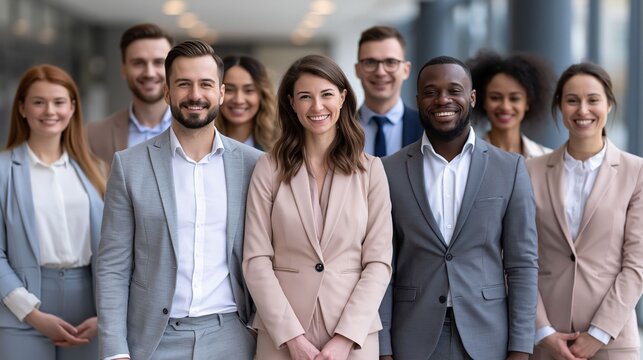 A multicultural corporate group presents a professional portrait in a contemporary office environment emphasizing teamwork, strategy, and modern business achievement.