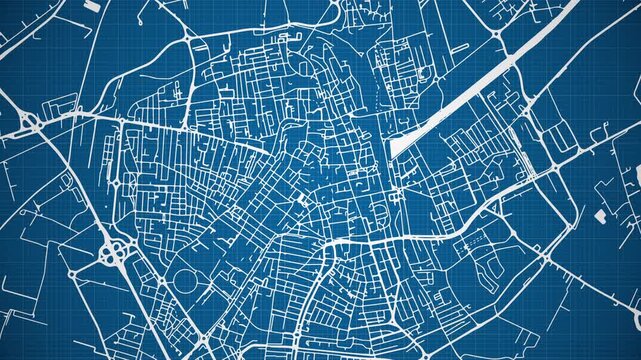 Ink reveal animation of Ravenna city, Emilia-Romagna, Italy, grid map. Aerial top view. Blueprint style. White lines with blue background. 4K Seamless loop.