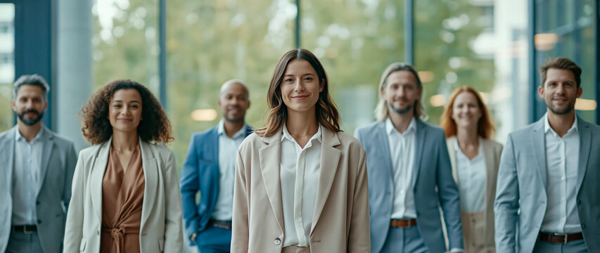 A multicultural corporate group presents a professional portrait in a contemporary office environment emphasizing teamwork, strategy, and modern business achievement.