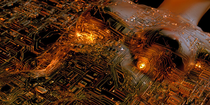 The Body That Glows In Circuit Light As Human Form Merges With Metal And Digital Pulse, ai generated.