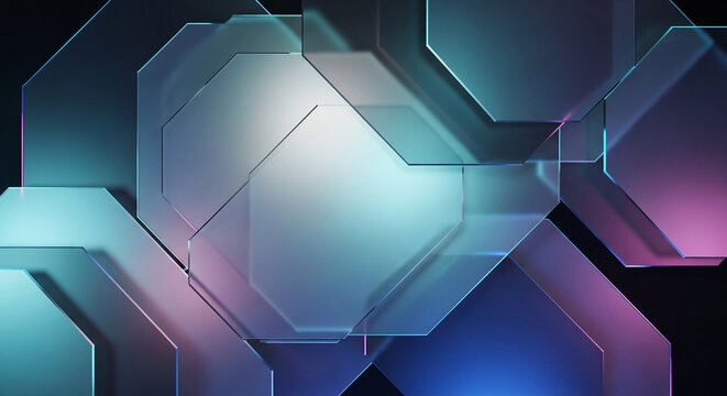 Abstract overlapping glass polygons with neon lighting