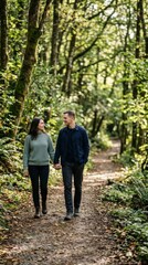 Fototapeta premium Couple Holding Hands on Forest Path, Embracing Nature and Digital Detox for Peaceful Lifestyle