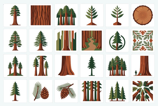 Redwood and sequoia tree forest icon set.