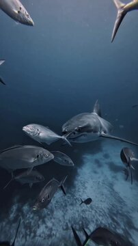 Vertical shot of a Great White Shark Carcharodon carcharias swimming through a school of jack fish in deep blue ocean water