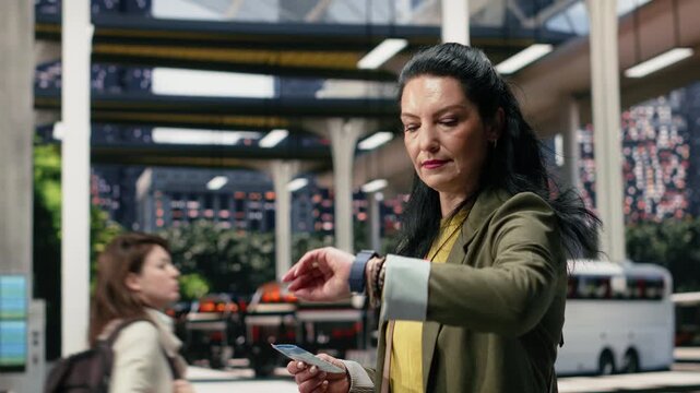 Traveler takes a bus ticket from a bag and checks a wristwatch at the station, confirming the coach departure time to avoid being late.