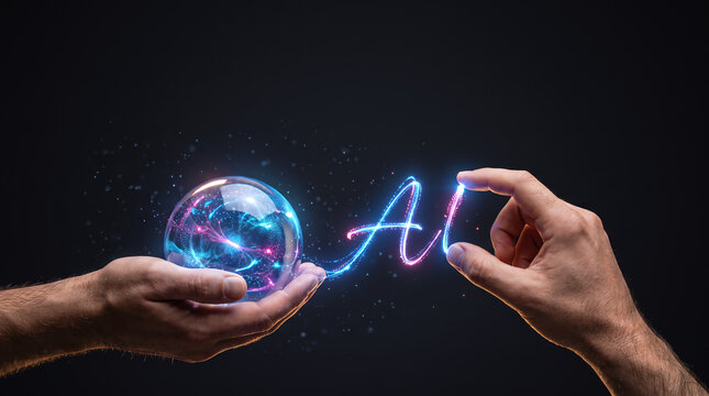 Hand Holding Glowing AI Sphere Orb with Neon Text Floating Beside on Dark Background Technology Concept