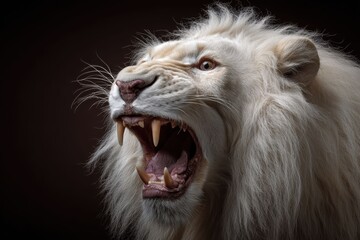 Fototapeta premium A white lion face centered with intense gaze combines strong portrait symmetry with roaring power expression, showing detailed mane texture and dominant animal presence.