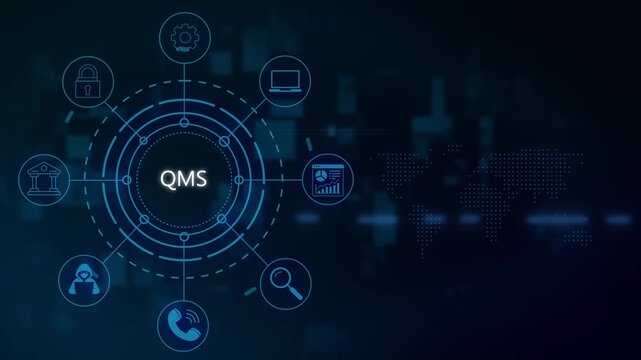 Qms management system hud interface animation with digital global network and business data analytics