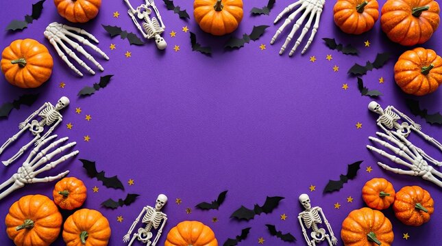 Halloween background frame with pumpkins skeleton hands and bats on a purple surface with copy space