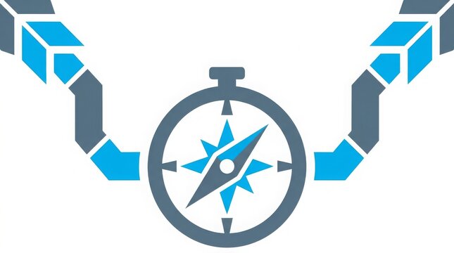 Blockchain Navigation - Compass Rose Icon Connected to Chain Links in Blue and Gray Vector Design