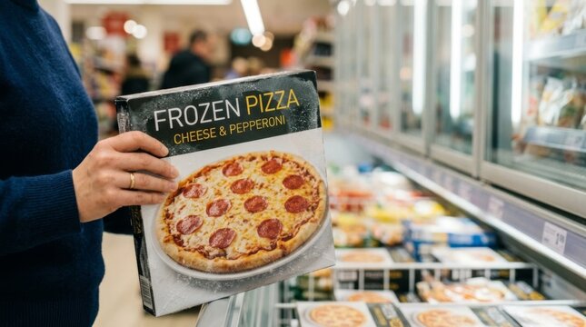 Hand Holding Frozen Cheese and Pepperoni Pizza Box in Supermarket Freezer Aisle, Copy Space and Lifestyle
