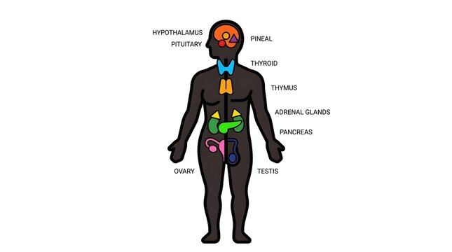 Diagram of Human Endocrine System Showing Glands and Internal Anatomy Locations Isolated on White Background.
