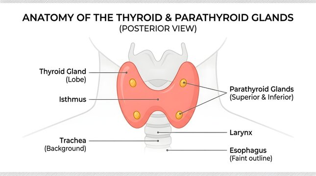 Medical diagram showing posterior view anatomy of human thyroid and parathyroid glands with labels.
