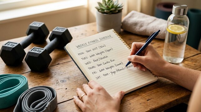 Woman planning a healthy lifestyle by writing a weekly fitness exercise routine in a notebook at home with gym equipment and water nearby