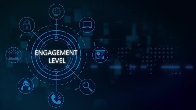 Digital engagement level hud interface with global network and data analytics infographic animation