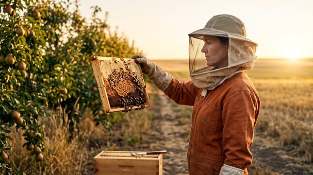Cautious honeycomb inspection along a sunlit orchard path