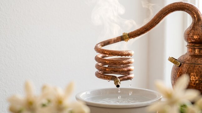 Copper distillation coil with orange blossom steam