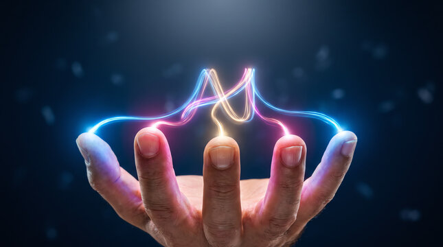 Fingers Stretching Glowing AI Neon Pink Blue Wave String on Dark Background Technology Concept