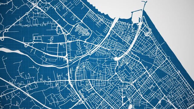 Ink reveal animation of Rimini, Emilia-Romagna, Italy, grid map. Aerial top view. Blueprint style. White lines with blue background. 4K Seamless loop.