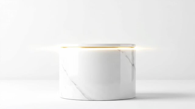 A white marble cylinder with a gold band at the top, glowing faintly. The background is white