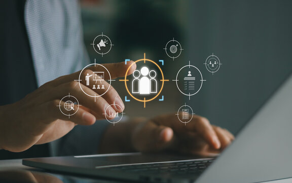 Digital business strategy concept. Target customer management, team collaboration, marketing, analytics, performance planning, representing growth, engagement, leadership, data driven decision making.