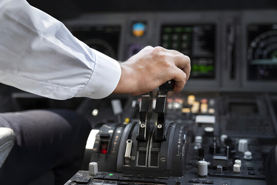Pilot Adjusting Throttle in Aircraft Cockpit