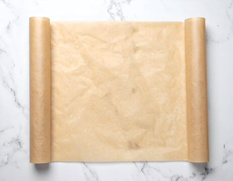 A sheet of brown parchment paper rolled at both ends on a white marble countertop. Used for baking and kitchen preparation, providing a flat surface for culinary tasks.