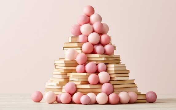 Pyramid of stacked beige books with gradient pink spherical objects on cream