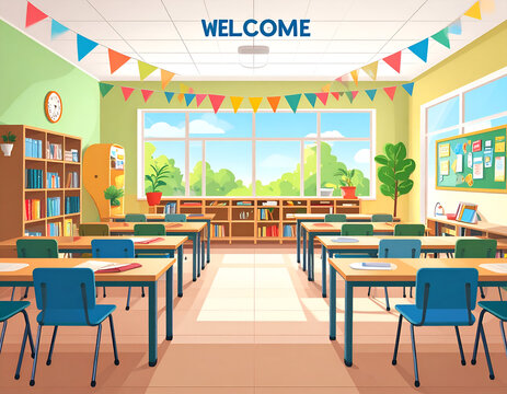 Empty classroom featuring rows of desks, chairs, wooden bookshelves, and a large window. Colorful bunting hangs from the ceiling. Suitable for educational themes.