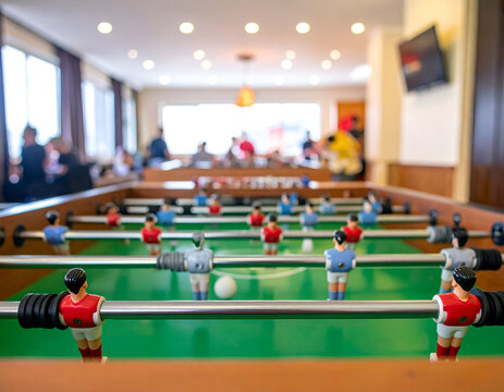 Close-up of foosball players on a game table with a blur of people sitting at tables in a brightly lit indoor space. Relevant for leisure, entertainment, and play.