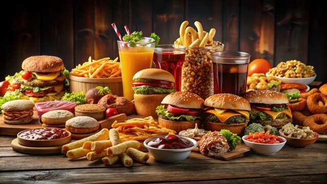 Composition of many junk unhealthy fast food on the table ultra processed food concept low nutrition value high calories value