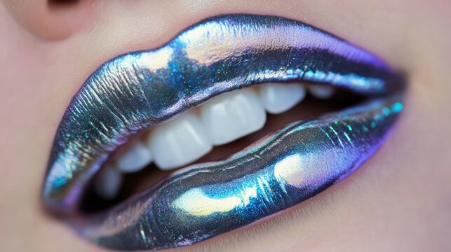 Close-up of woman's lips with iridescent metallic lipstick.