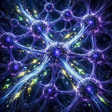 Abstract network of glowing neurons with luminous connections and data particles, 3D rendering, perfect for science visualization, technology concepts and abstract backgrounds