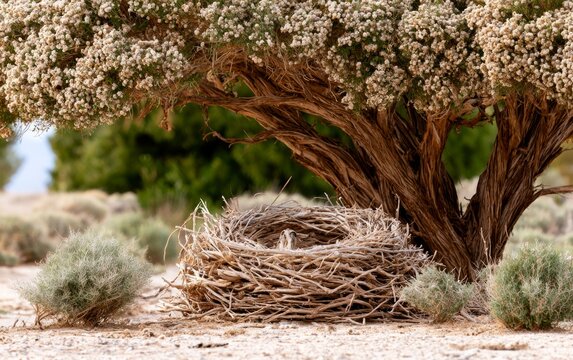 Large empty bird nest made of dry branches under blooming tree in desert