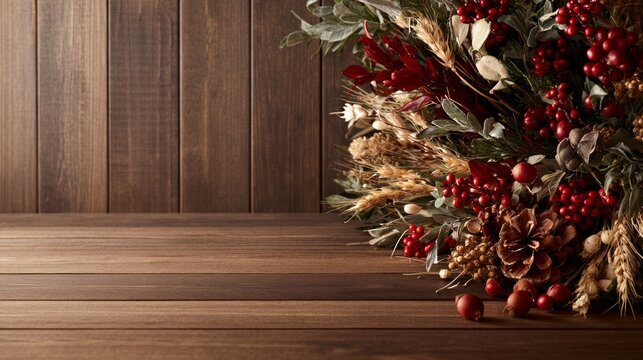 Festive autumn arrangement with berries pine cones dried flowers on wooden table