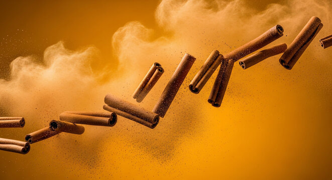 Cinamon sticks and powder exploding and swirling in mid-air, dynamic motion, warm orange background, concept for culinary ingredients, spice advertising and baked goods