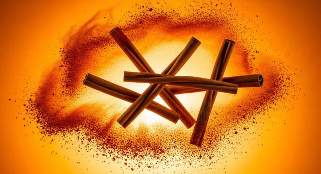 Cinematic close-up of cinnamon sticks and powder exploding in vibrant orange light, perfect for culinary advertising, baking inspiration and seasonal promotions